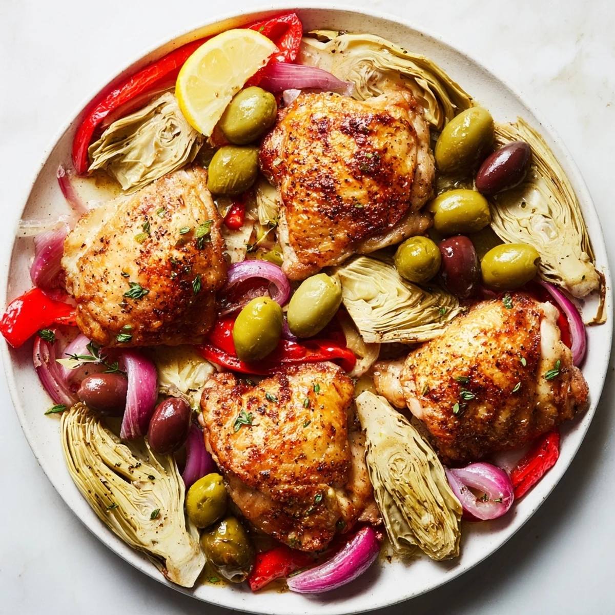 Sizzling Sheet Pan Lemon Herb Chicken with Artichokes and Olives is garnished with fresh oregano on a baking sheet.