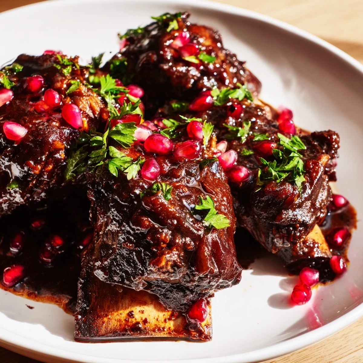 Garnished with fresh parsley and pomegranate seeds, this Braised Beef Short Ribs with Pomegranate Glaze rests on a platter ready to serve.