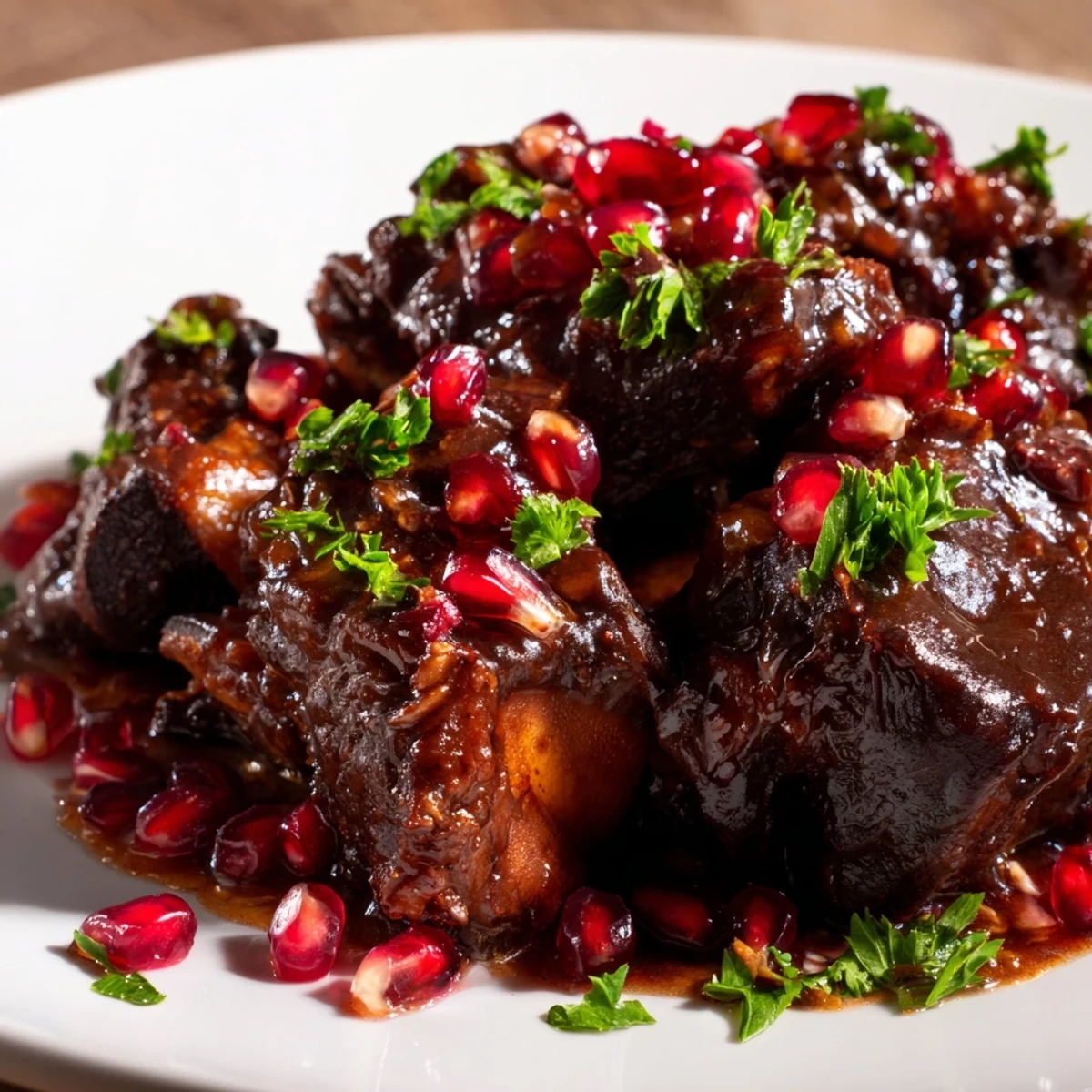 Hearty Braised Beef Short Ribs with Pomegranate Glaze served alongside creamy mashed potatoes for a comforting American dinner.