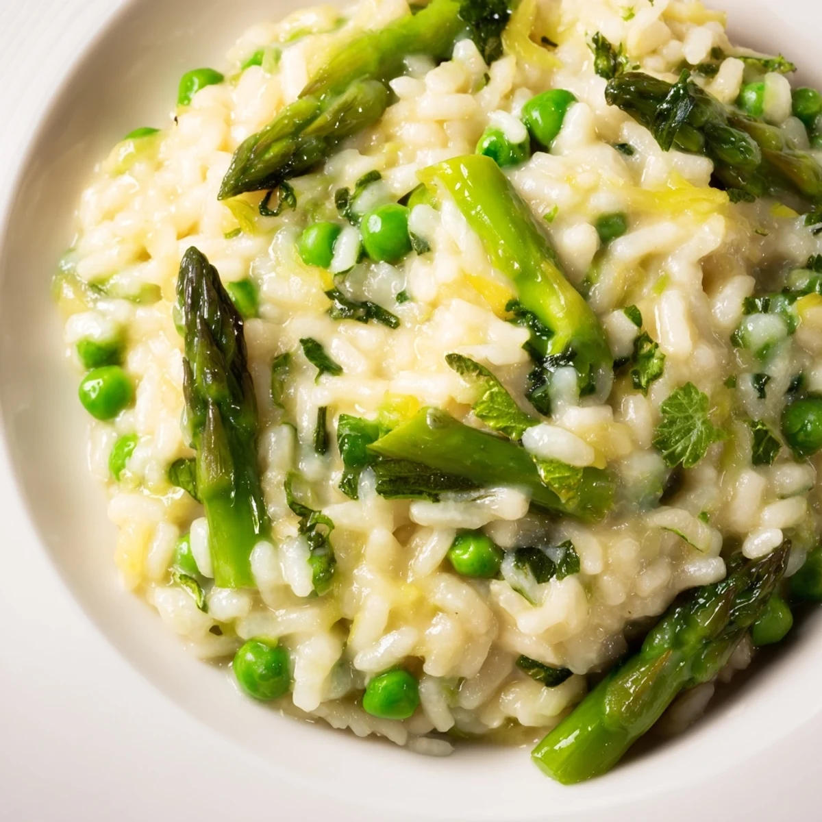 A close-up of Creamy Asparagus and Pea Risotto with Mint highlights tender asparagus spears and sweet peas mingled in a luscious, creamy Italian rice dish. 