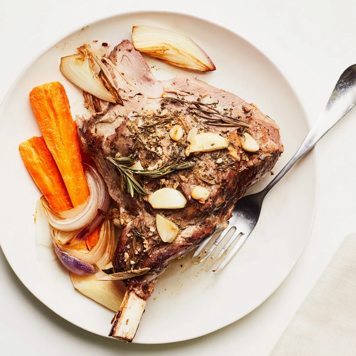 The tender, juicy Slow Roasted Leg of Lamb with Garlic and Lemon is sliced to reveal a flavorful pink interior, served with lemon wedges for brightness.