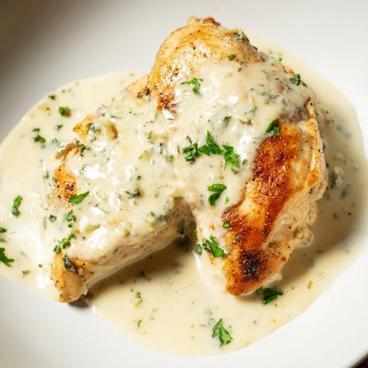 A close-up of Creamy Boursin Chicken in a skillet, featuring tender meat smothered in a luscious Boursin cheese sauce.