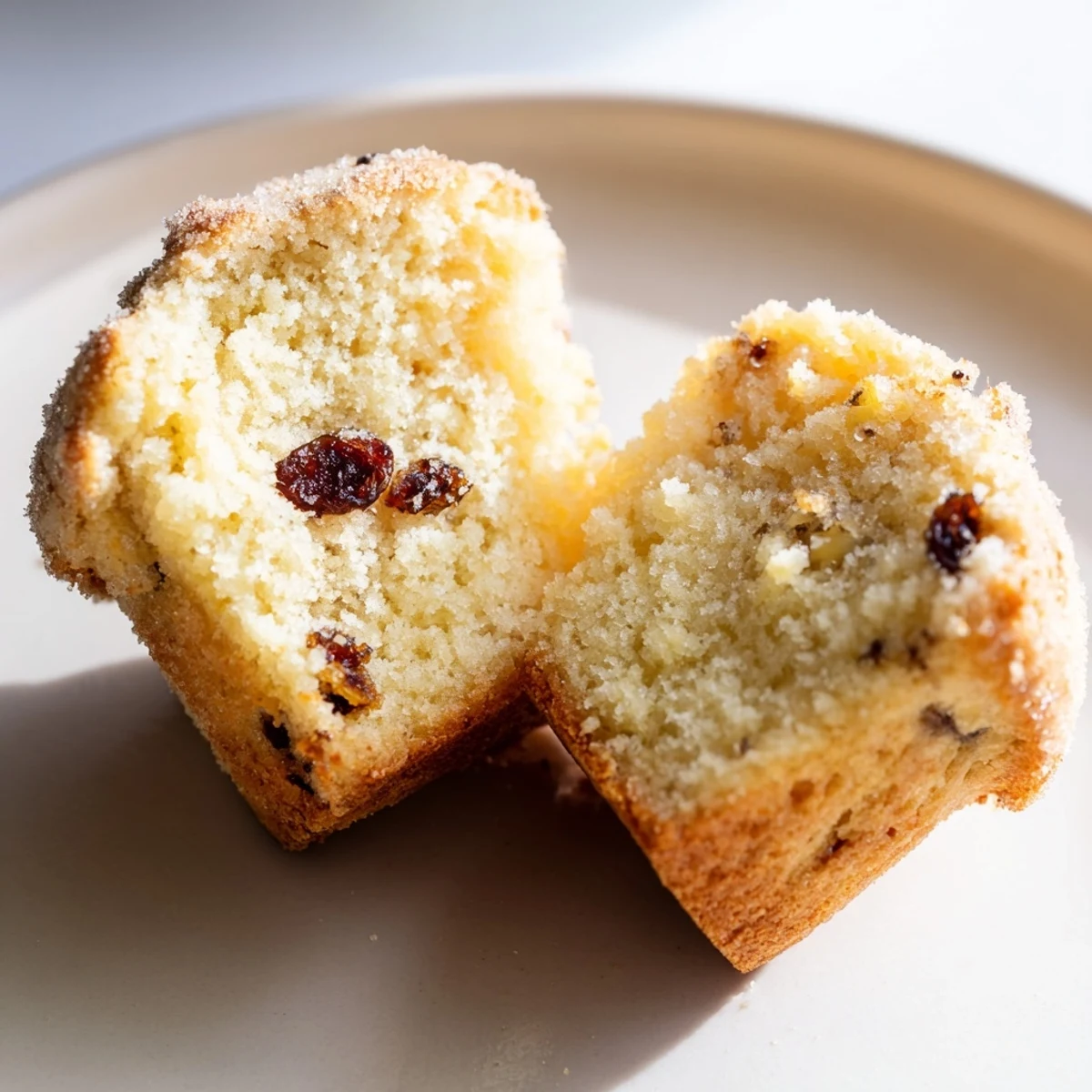 Golden, crumbly Mini Irish Soda Bread Muffins on a rustic wooden board, some split to show the tender, raisin-flecked interior.  