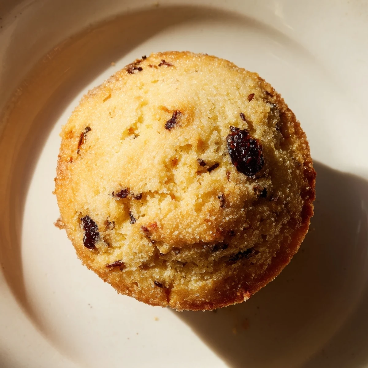 Freshly baked Mini Irish Soda Bread Muffins with a golden top, dusted with flour and dotted with currants on a white plate.