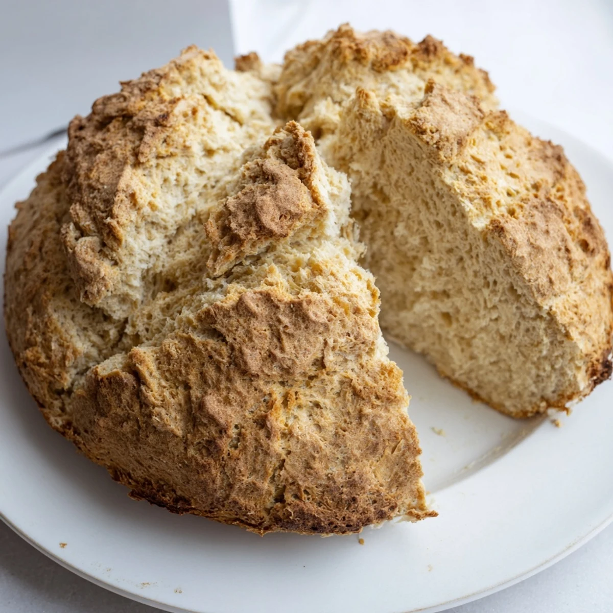 Freshly baked Authentic 4-Ingredient Irish Soda Bread with a golden crust on a wooden board.