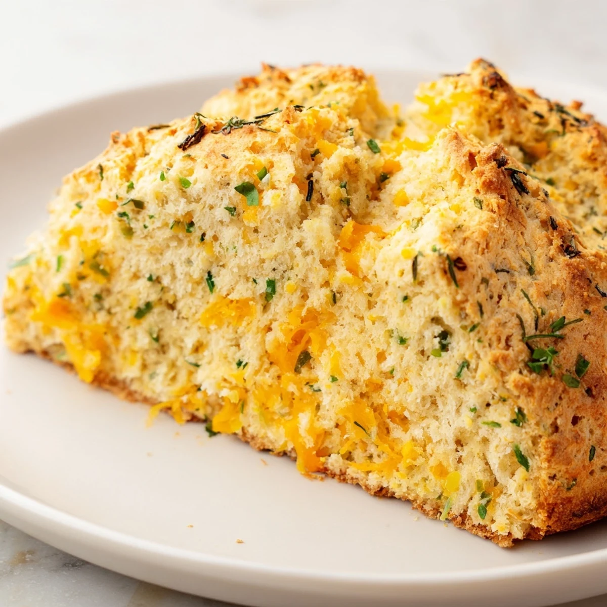Golden-brown Savory Herbed Cheddar Irish Soda Bread fresh from the oven, with melted cheddar flecks and fresh herbs visible on its rustic crust.