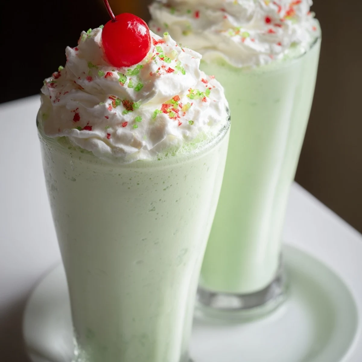 Creamy green Homemade Copycat Shamrock Shake topped with whipped cream and a cherry in a tall glass.