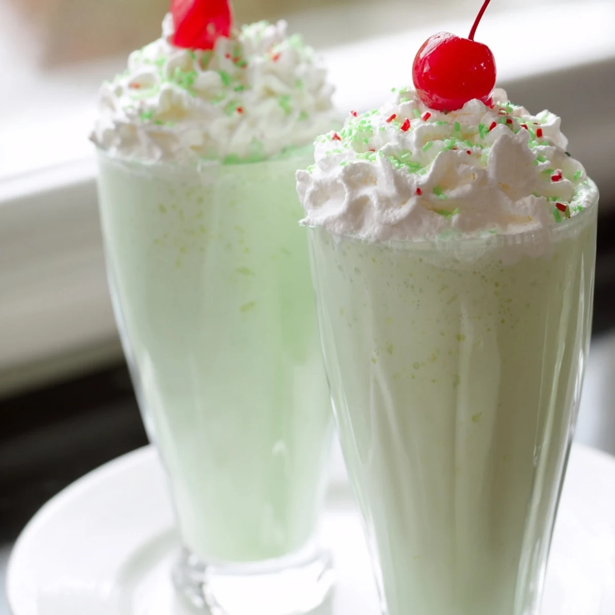 Homemade Copycat Shamrock Shake garnished with whipped cream, green sprinkles, and a bright red cherry.