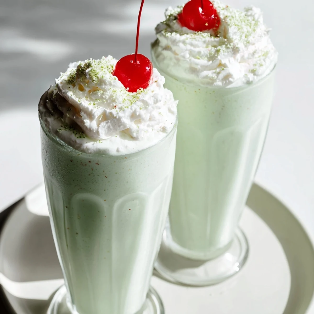 Chilled minty Homemade Copycat Shamrock Shake blended smooth and served in a frosted glass.