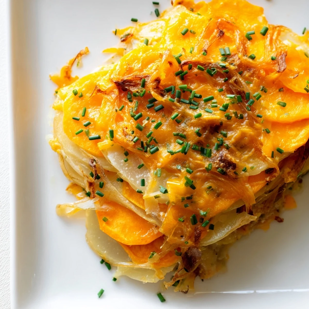 Golden layers of Cheesy Sweet Potato Gratin with Caramelized Onions Delight fresh from the oven, bubbly and browned.