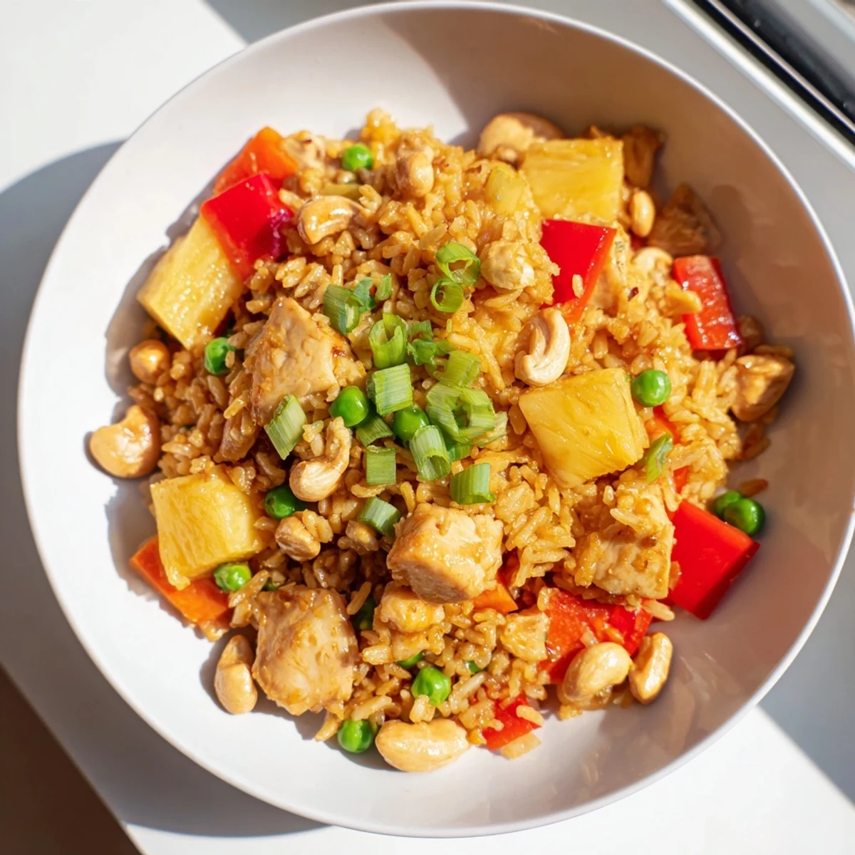 Golden pineapple chunks, tender chicken, and crunchy cashews shine in this vibrant Pineapple Chicken Fried Rice with Cashews, served with lime wedges.