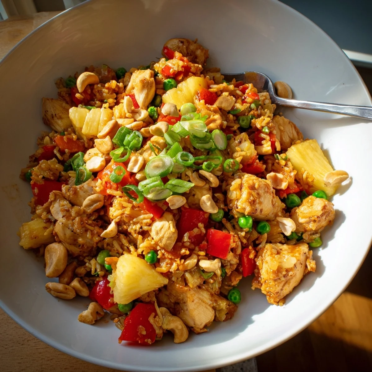 A close-up of Pineapple Chicken Fried Rice with Cashews highlights red bell pepper, peas, and fluffy jasmine rice, ready for a weeknight dinner.