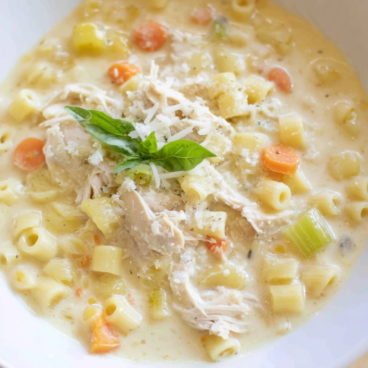 A warm bowl of Crock Pot Creamy Chicken Parmesan Soup with shredded chicken, carrots, and a swirl of cream.