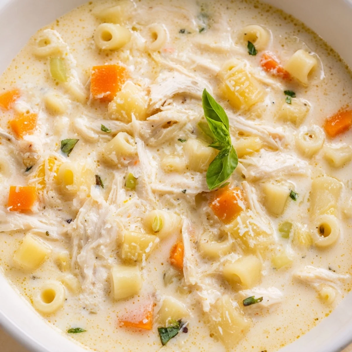 Crock Pot Creamy Chicken Parmesan Soup garnished with fresh basil and a sprinkle of Parmesan, served in a rustic bowl.