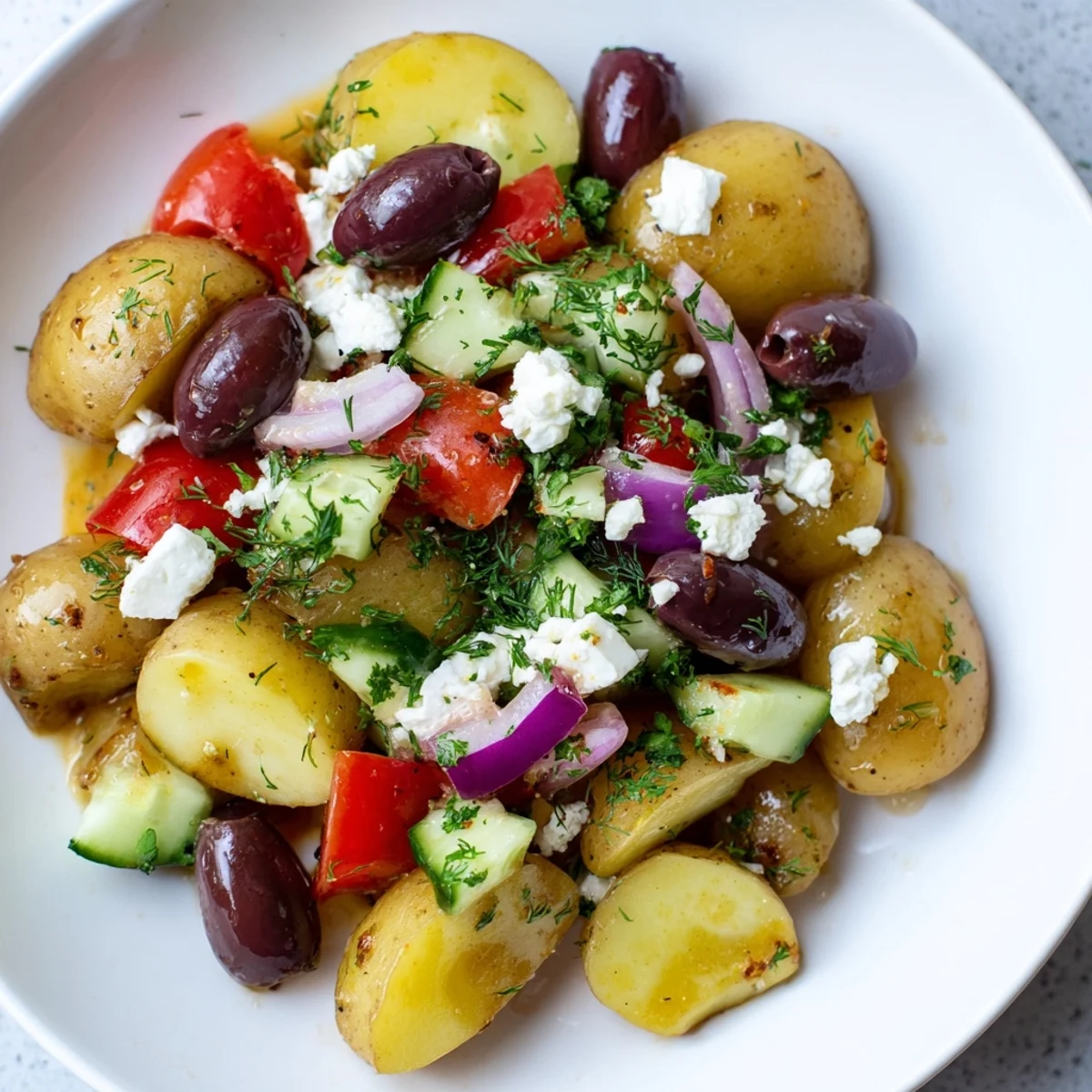 A vibrant bowl of Refreshing Olive Greek Potato Salad with red onion, cherry tomatoes, and fresh herbs for summer gatherings.