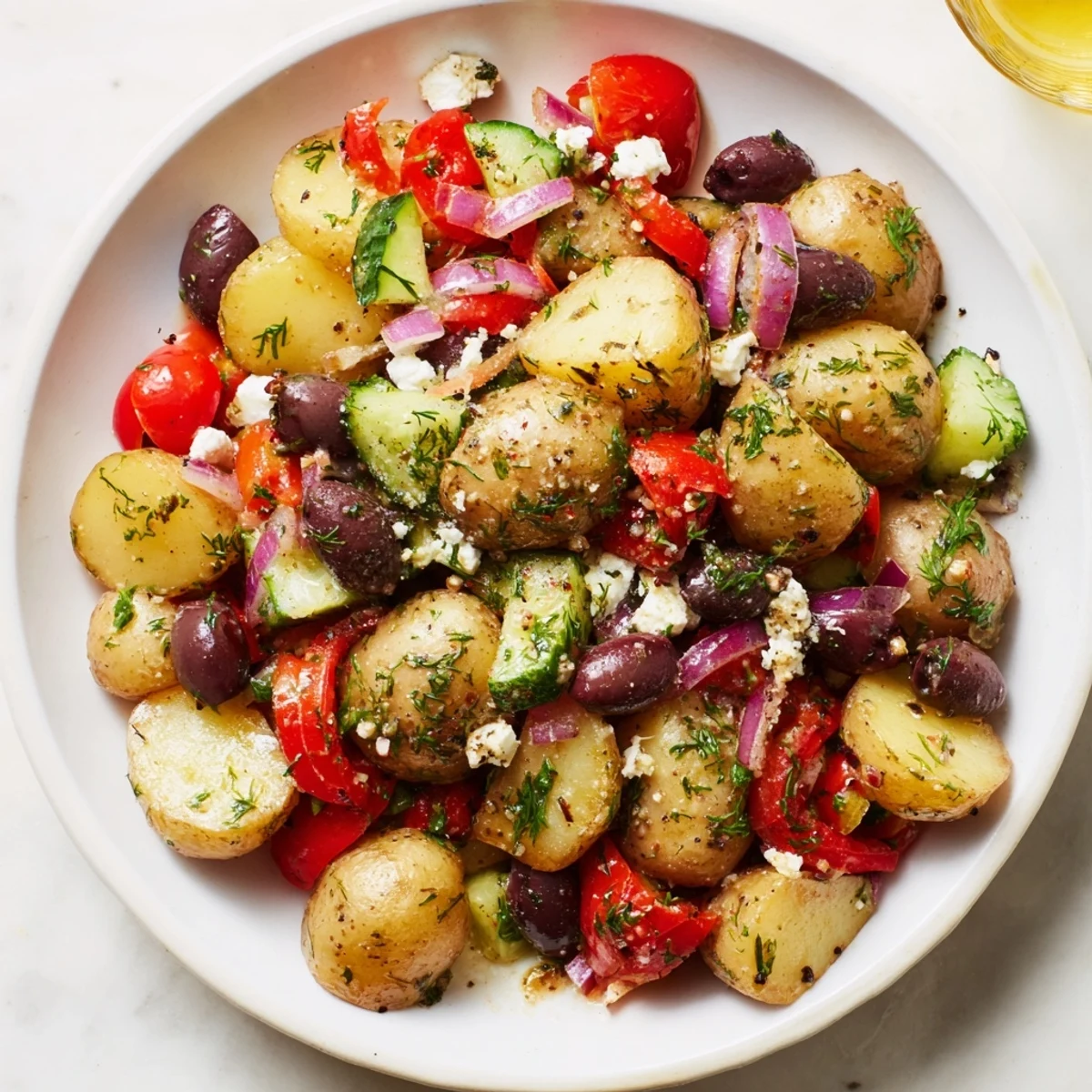 This Refreshing Olive Greek Potato Salad features a tangy red wine vinaigrette, perfect alongside grilled chicken or fish.