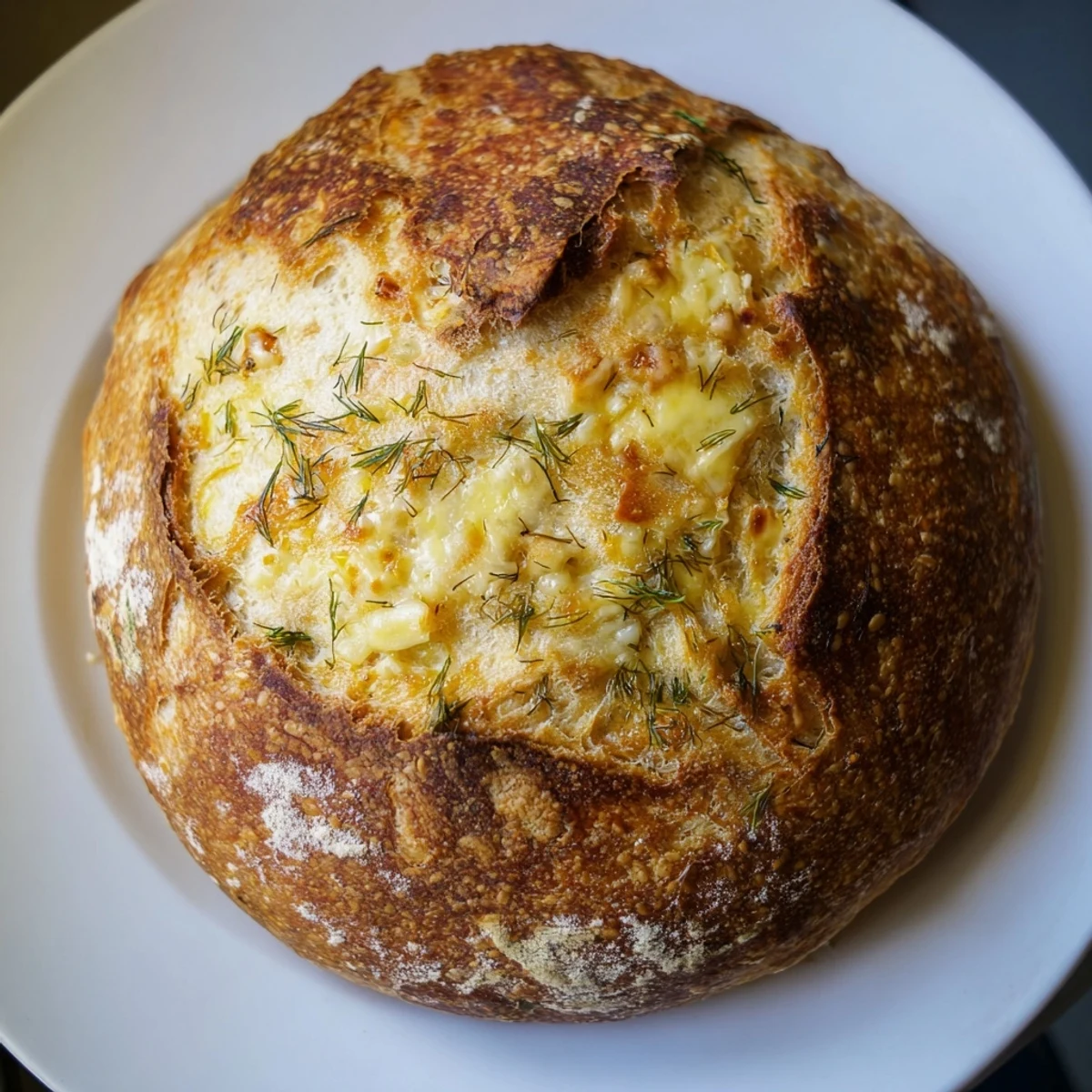 A rustic No-Knead Dill Gouda Artisan Bread loaf with a golden crust and visible dill flecks on a cutting board.