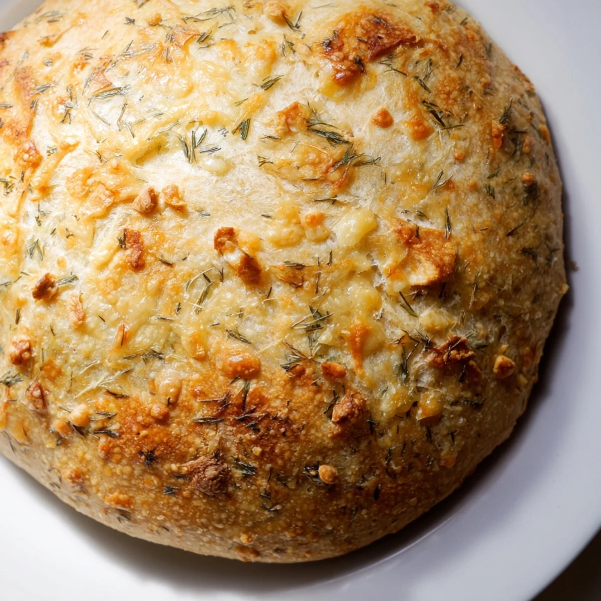 Warm slices of No-Knead Dill Gouda Artisan Bread on a wire rack with melted cheese, ideal for a cozy meal.
