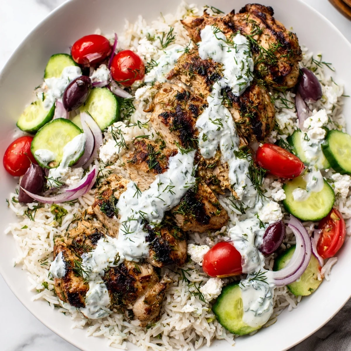 Freshly assembled Greek Chicken Bowls with marinated chicken, crisp veggies, olives, and feta for a healthy dinner.