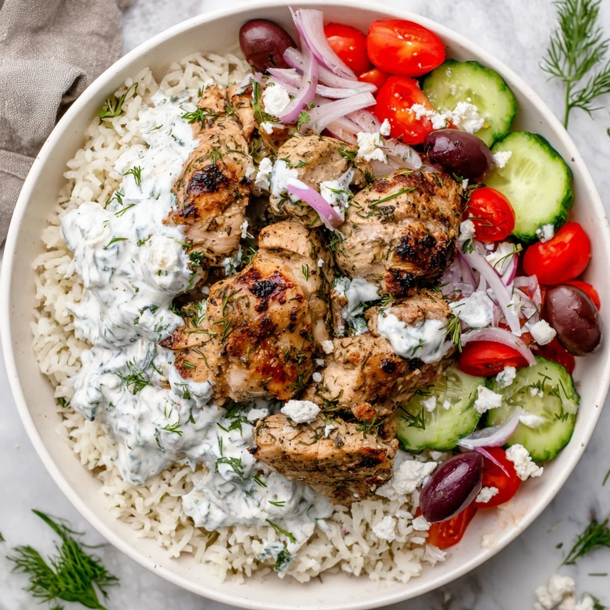 Vibrant Mediterranean Greek Chicken Bowls served with fluffy dill rice and a drizzle of cool tzatziki sauce.
