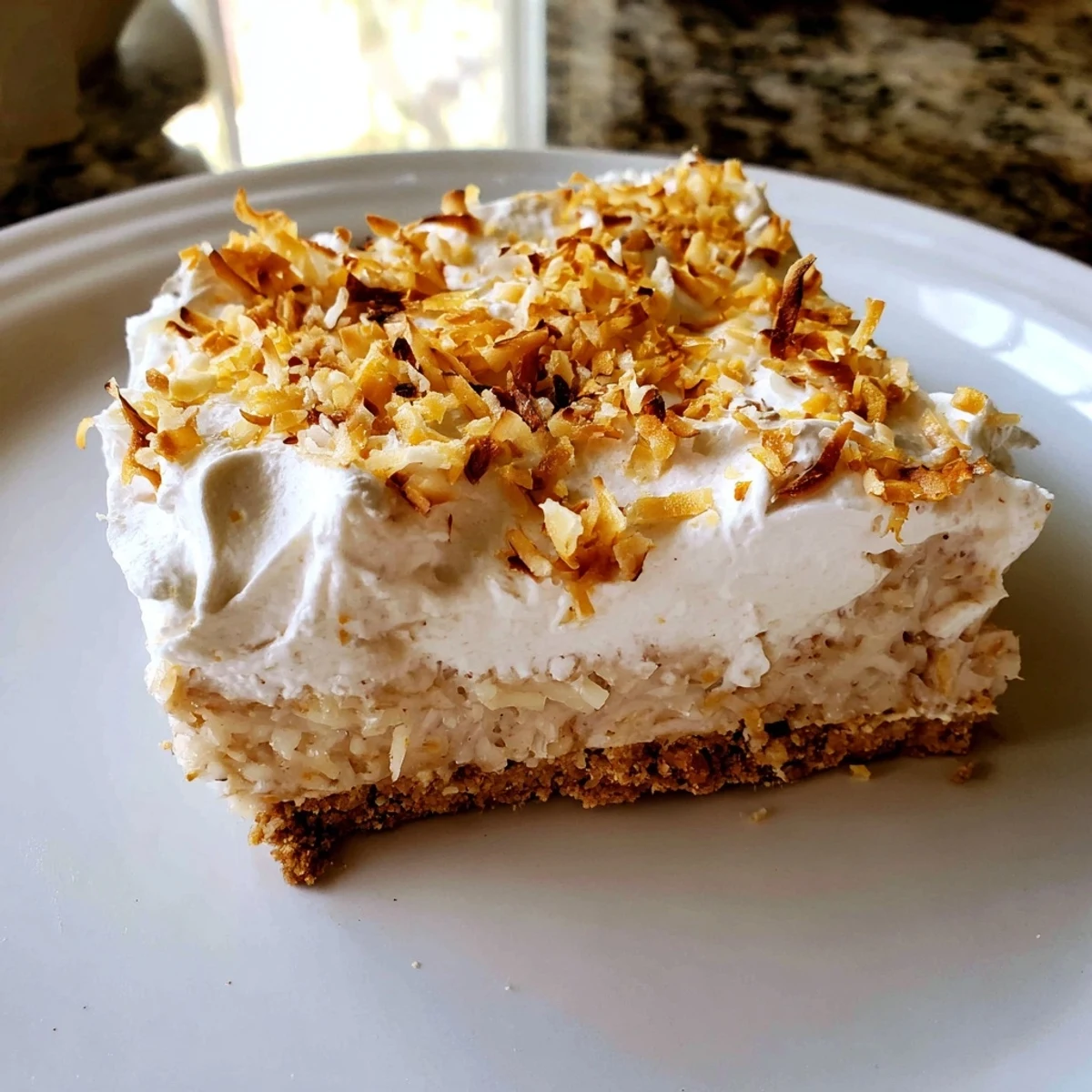 This stacked photo of Coconut Cream Dream Bars shows the layered texture of crunchy base, smooth filling, and whipped cream topping.  