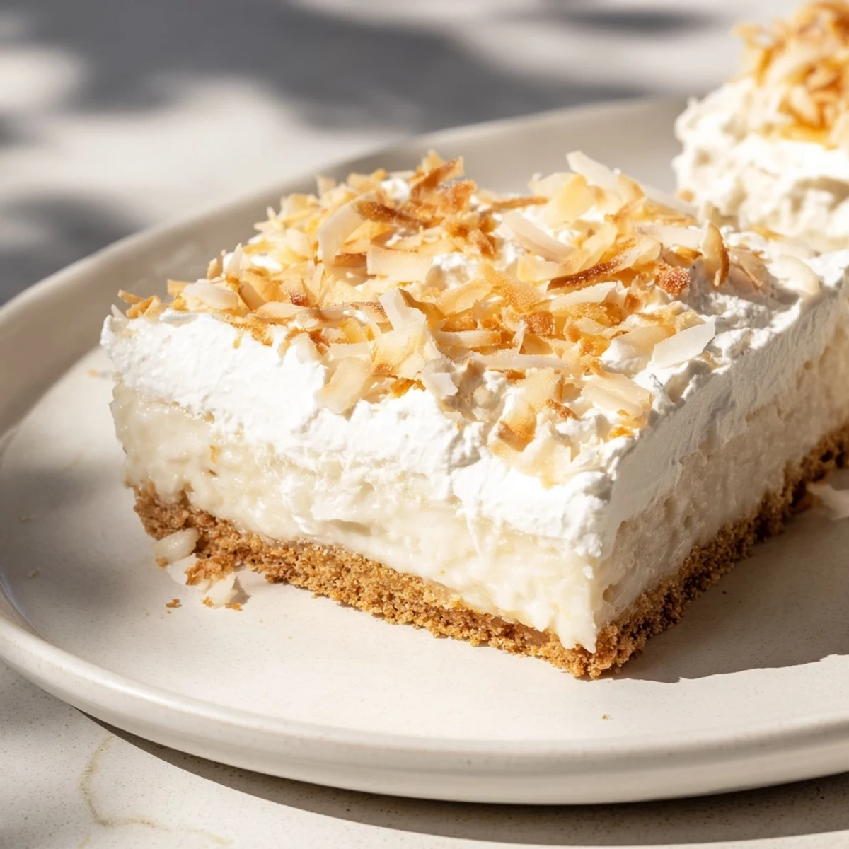 A close-up of Coconut Cream Dream Bars with a golden graham cracker crust, creamy white filling, and toasted coconut flakes on top.  