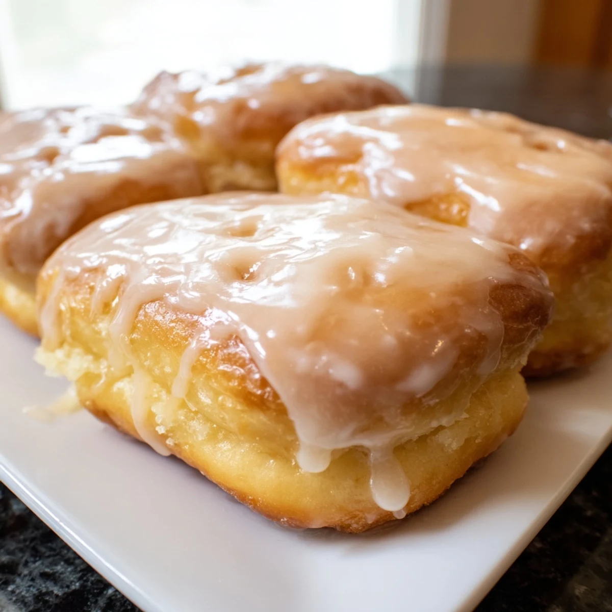 A close-up of soft, pillowy Maple Donut Bars with a generous maple glaze dripping down the sides on a rustic board.