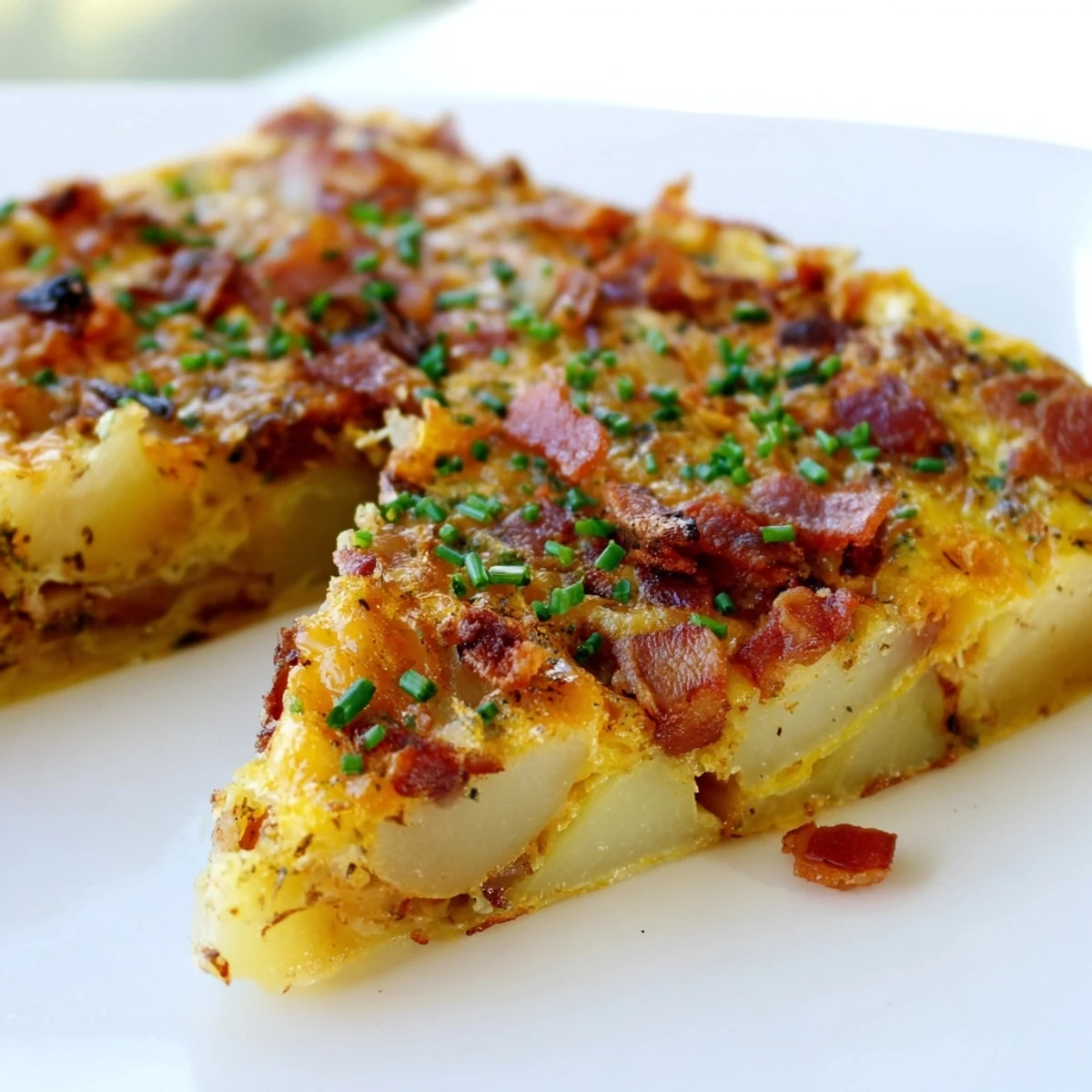 A rustic serving suggestion of the Bacon Potato Frittata alongside a green salad on a wooden table.