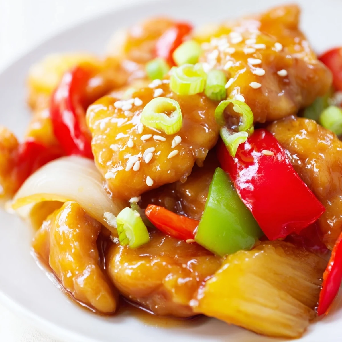 A close-up serving of Slow Cooker Hawaiian Pineapple Chicken over white rice, garnished with green onions and sesame seeds, steam rising from a family-style bowl.
