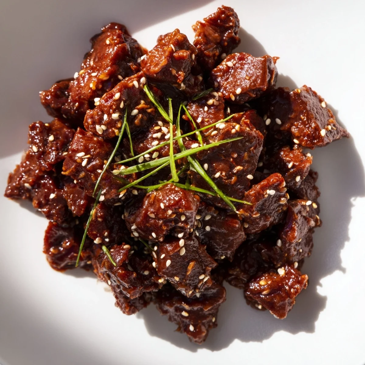 Tender Crock Pot Korean Beef, slow-cooked until shreddable, garnished with sesame seeds and green onions.  