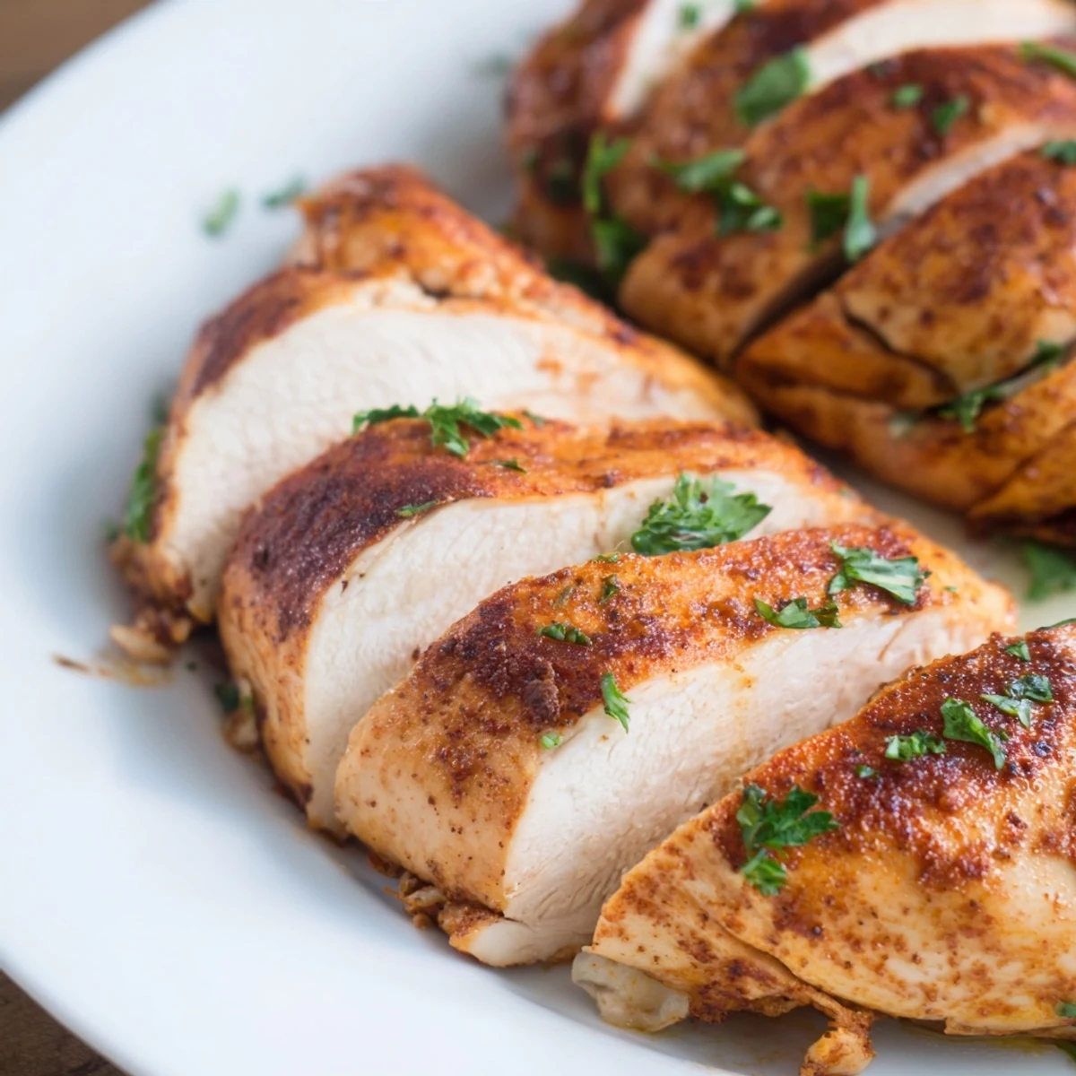 Perfectly seasoned Oven Baked Chicken Breasts arranged in a baking dish with herbs and garlic visible.