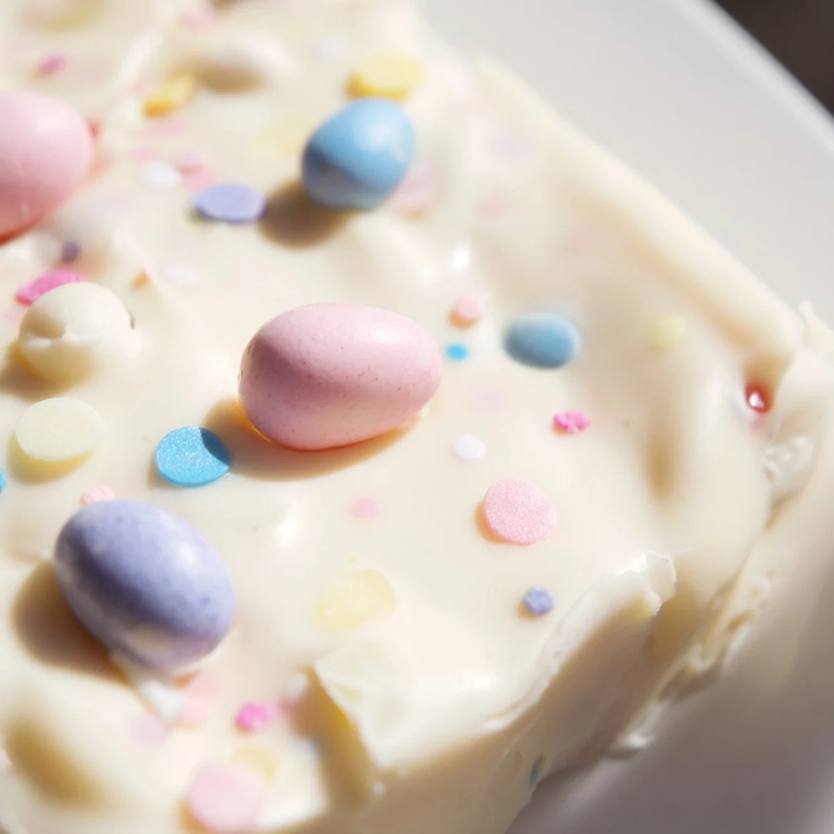 Festive Easter Fudge squares neatly arranged on parchment, ready to fill a holiday basket.