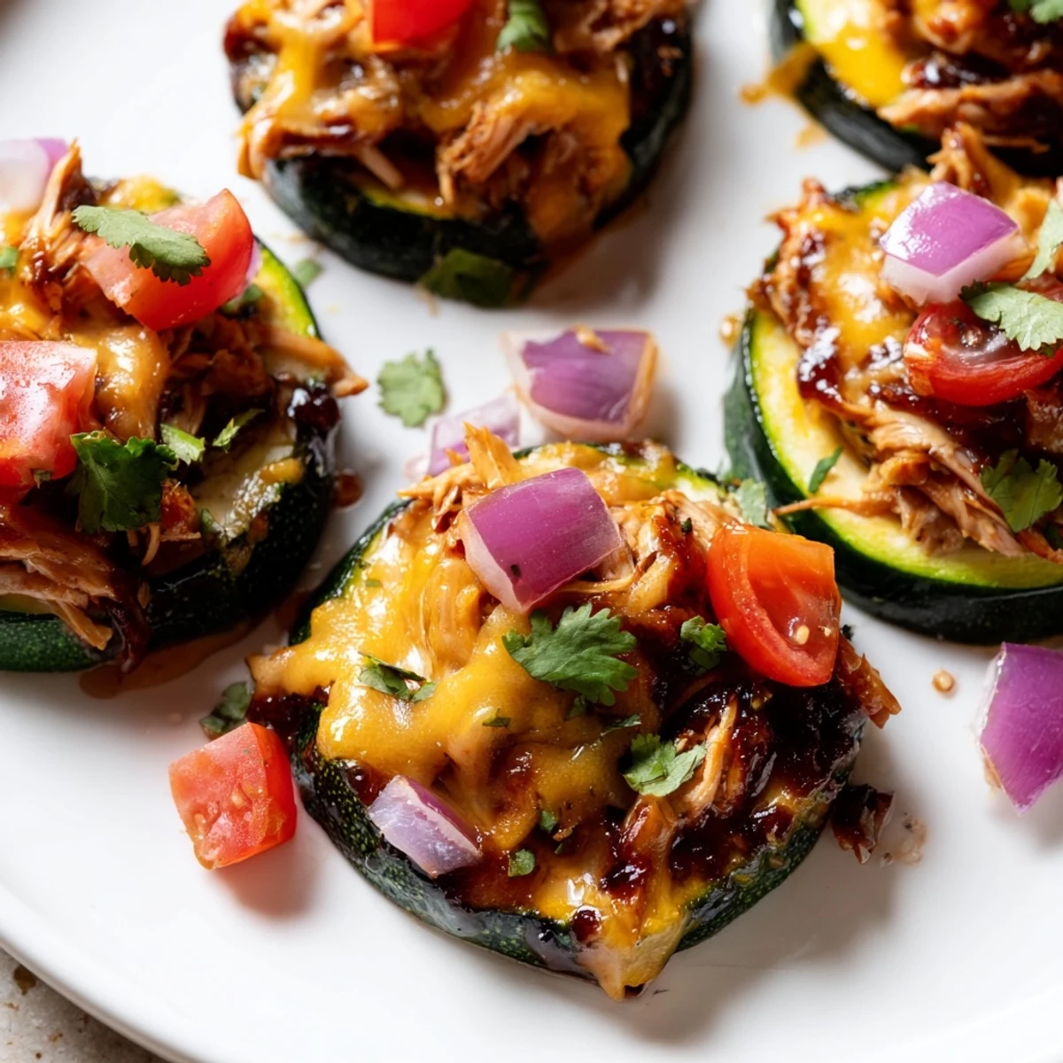 Roasted zucchini rounds loaded with BBQ chicken and melted cheese for Cheesy BBQ Chicken Zucchini Nachos.