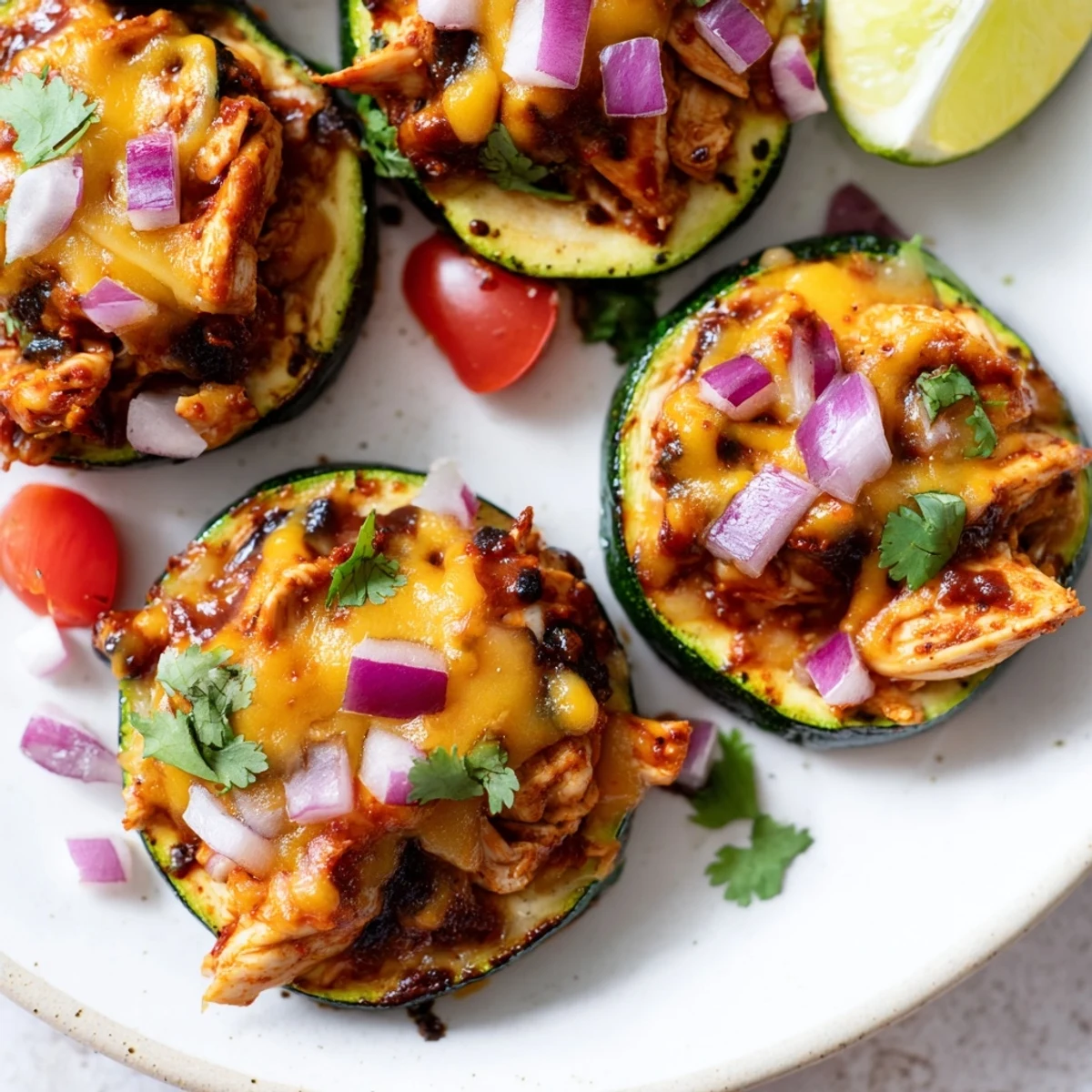 Sizzling hot Cheesy BBQ Chicken Zucchini Nachos garnished with jalapeños and cilantro on a platter.