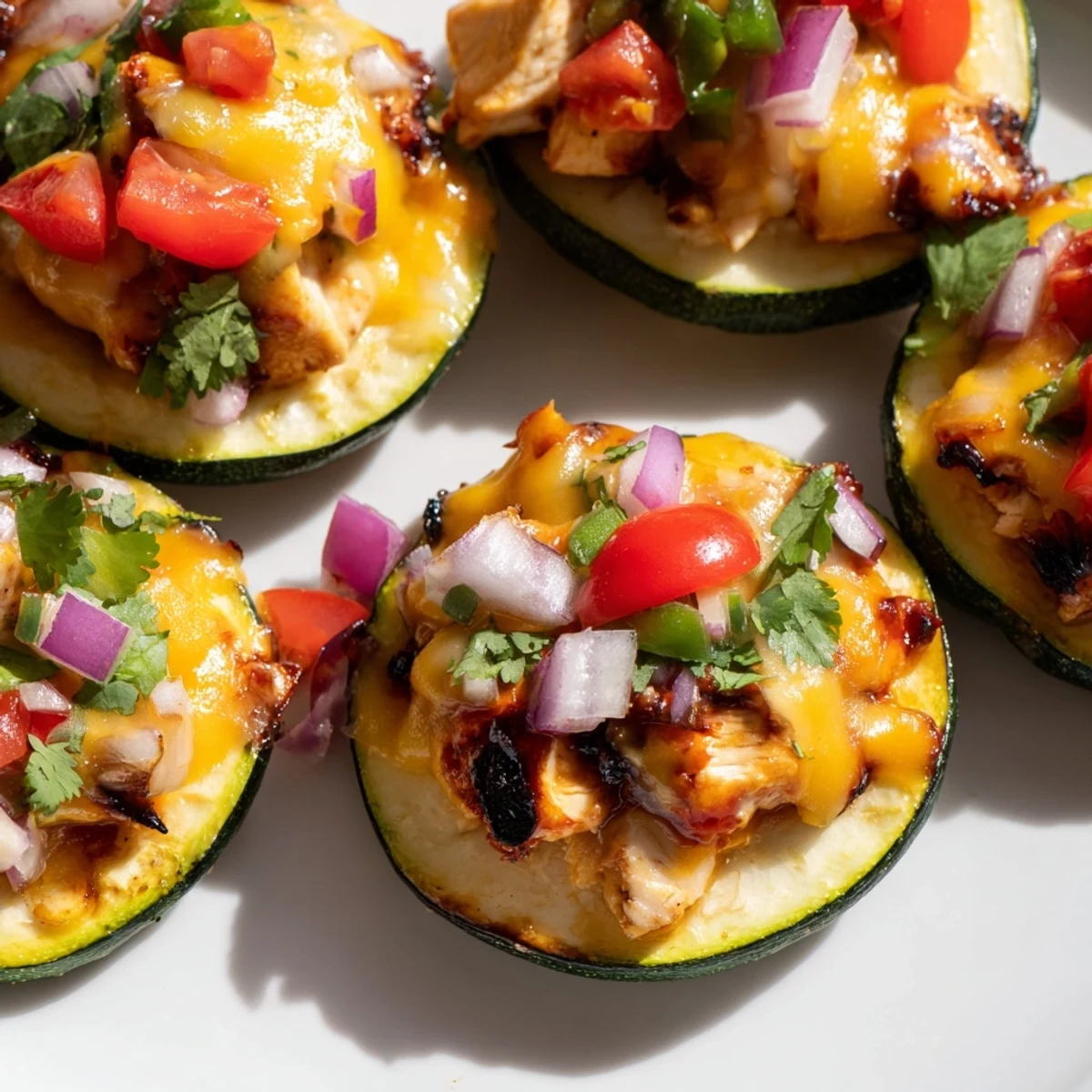 Golden zucchini chips topped with smoky BBQ chicken, sharp cheddar, and fresh pico de gallo.
