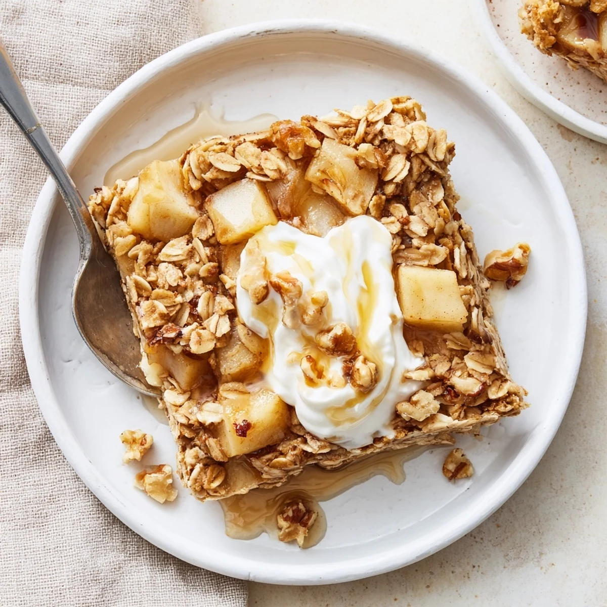 Golden Baked Apple Oatmeal With Greek Yogurt served warm from the oven, topped with creamy yogurt and toasted nuts.