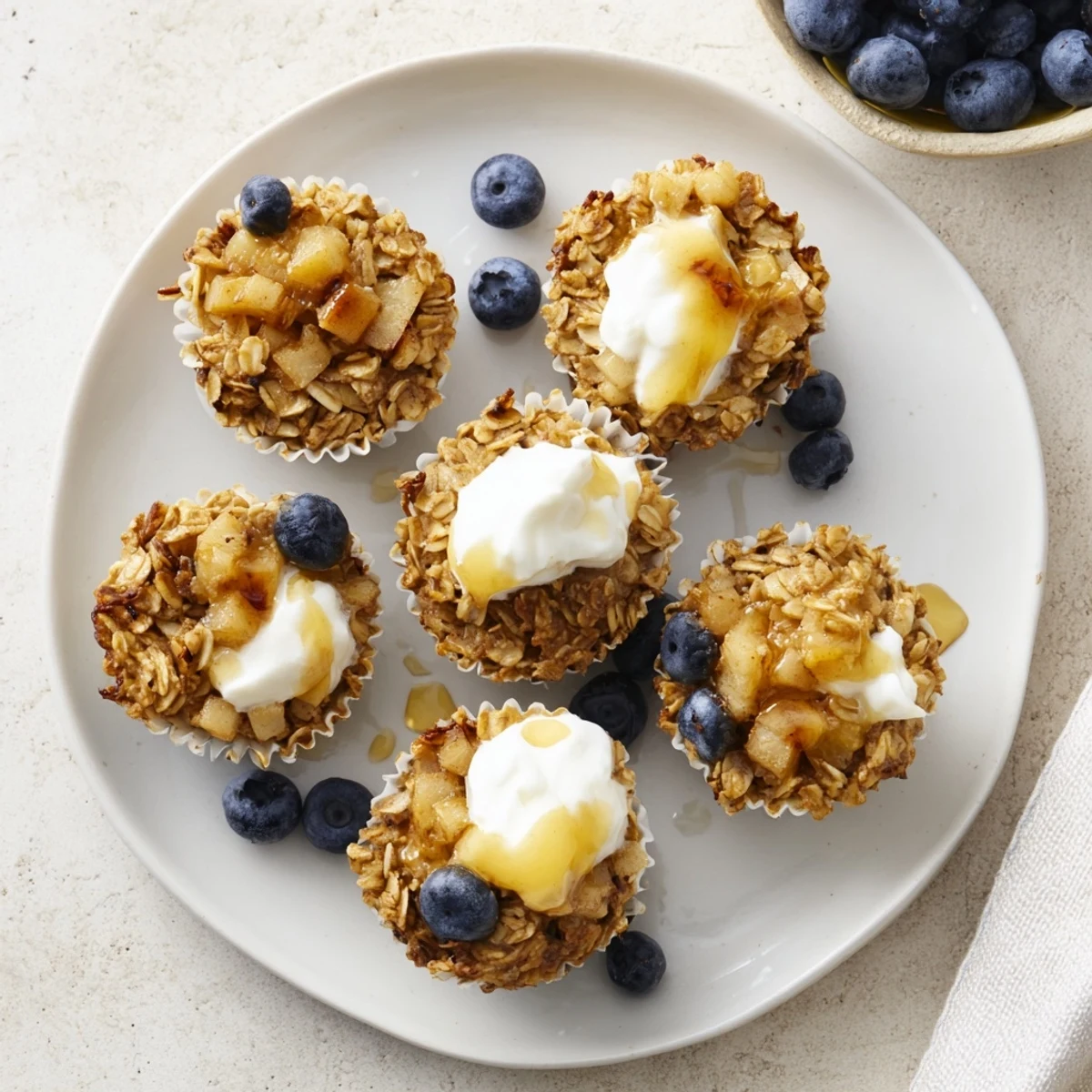 Golden-brown baked oatmeal cups with Greek yogurt and fresh berries on a rustic wooden board.