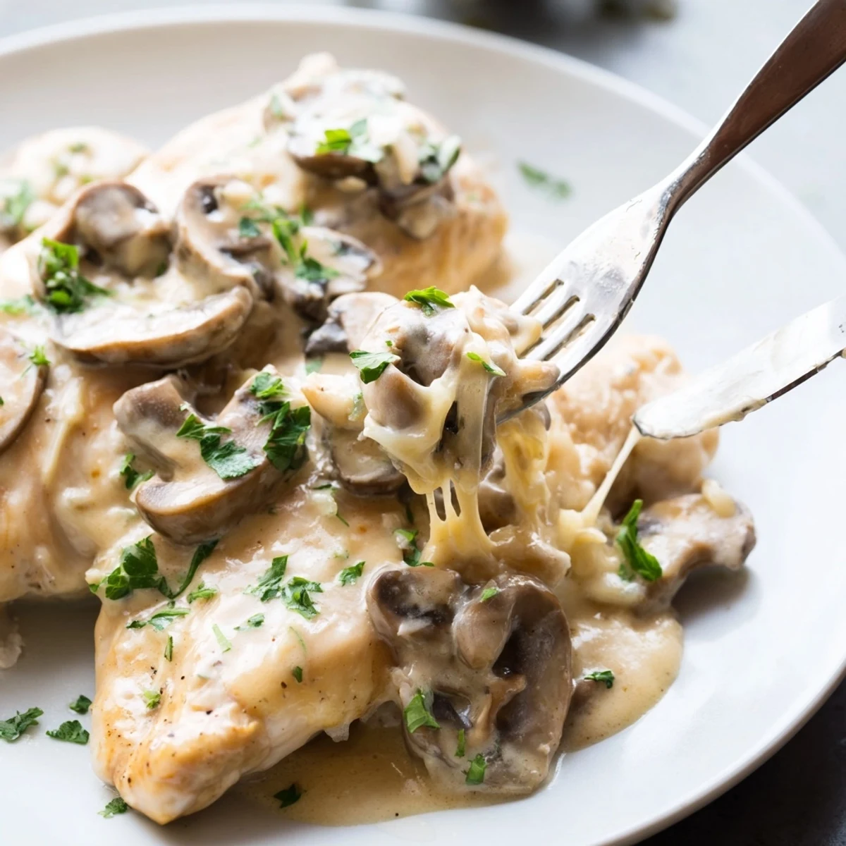 Savory Mushroom Asiago Chicken plated with a rich cream sauce, sautéed mushrooms, and a sprinkle of parsley