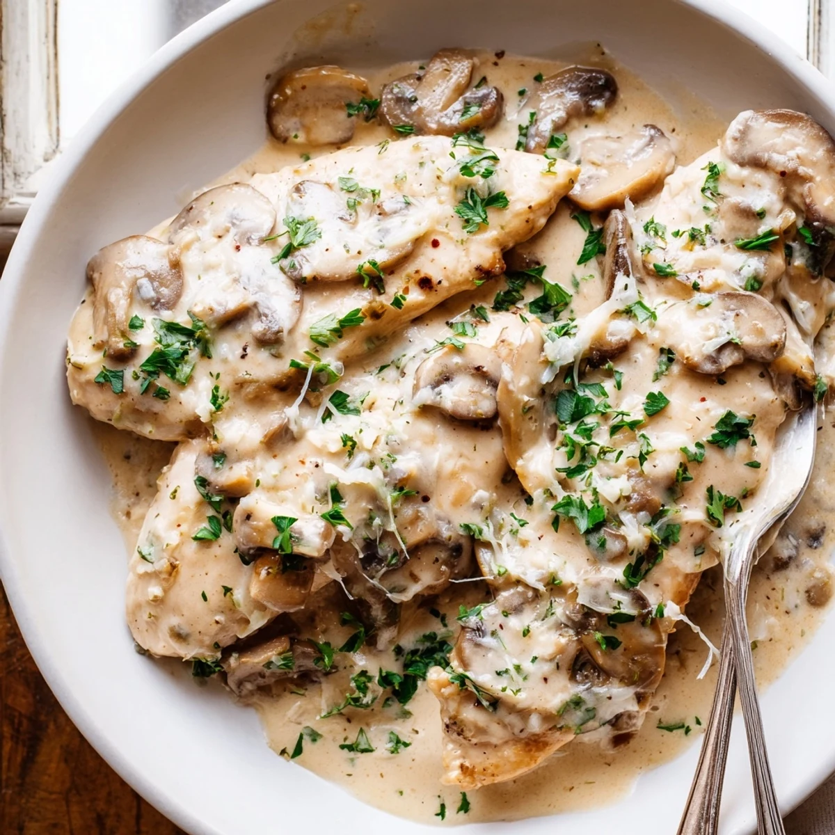 A warm skillet serving of Mushroom Asiago Chicken alongside mashed potatoes, mushrooms, and melted cheese sauce