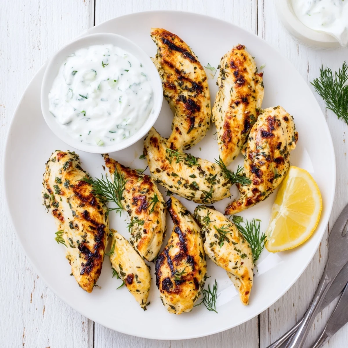 Golden-brown grilled Delicious Greek Chicken Tenders on a plate with a creamy yogurt sauce and lemon wedges.