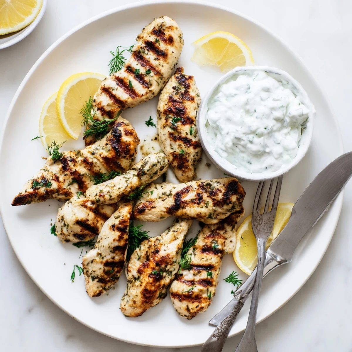 Juicy Delicious Greek Chicken Tenders served beside a refreshing cucumber dip and fresh parsley garnish.
