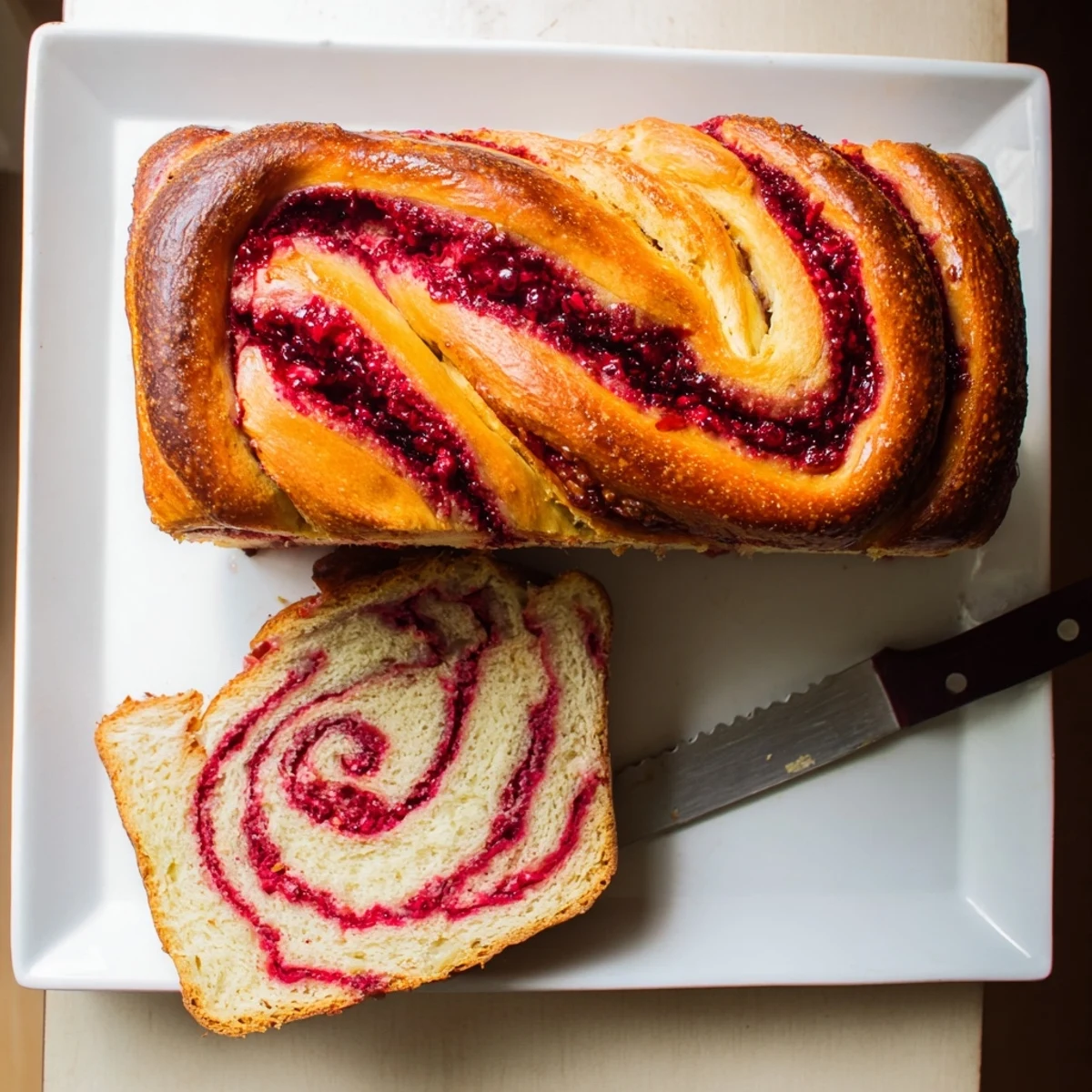 Golden Raspberry Swirl Brioche Loaf fresh from the oven on a cooling rack, showcasing its rich color.