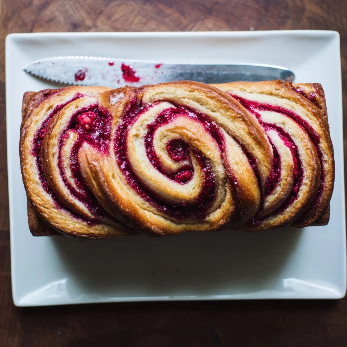 A slice of Raspberry Swirl Brioche Loaf reveals tangy red jam spiraling through tender, buttery bread.