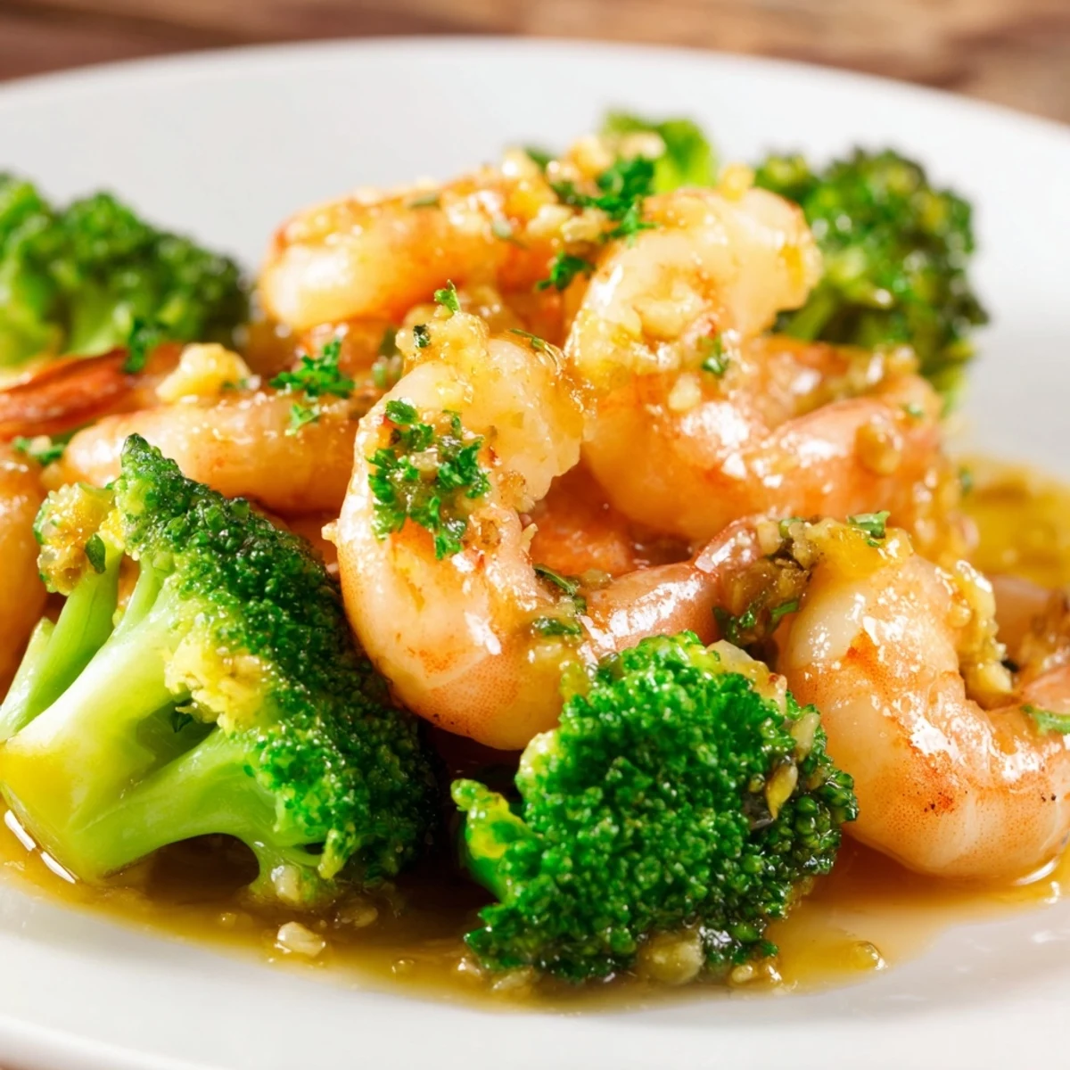 The Honey Garlic Butter Shrimp & Broccoli features sautéed shrimp and tender broccoli coated in a rich sauce.