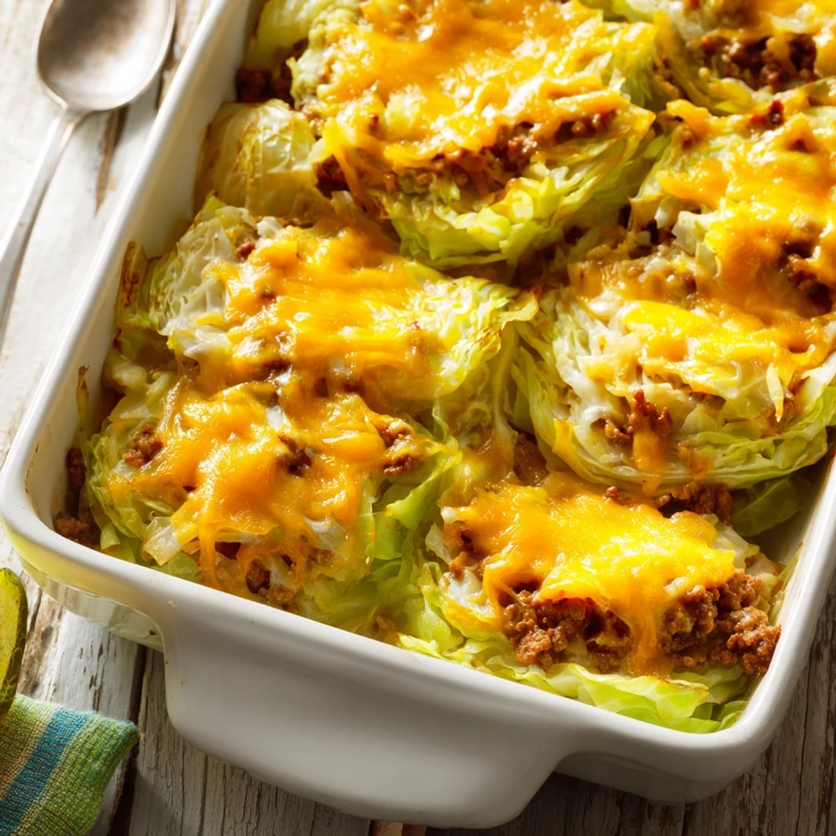 Golden roasted cabbage rounds layered with savory ground beef and melted cheddar cheese in a baking dish.