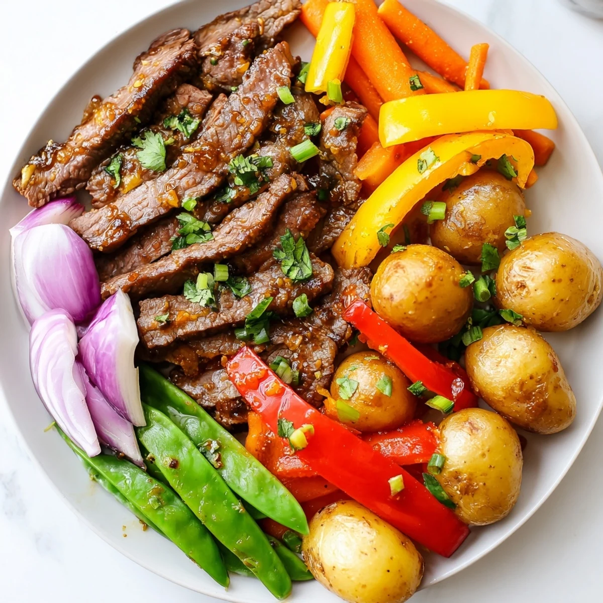 A close-up of the hearty Blackstone Cowboy Stir Fry Dinner, loaded with beef and vegetables, perfect for weeknights.