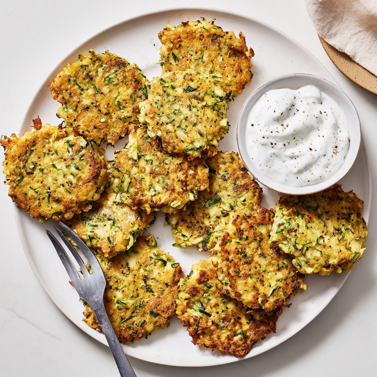 Golden-brown Chickpea Zucchini Fritters sizzling in a skillet with fresh herbs nearby.