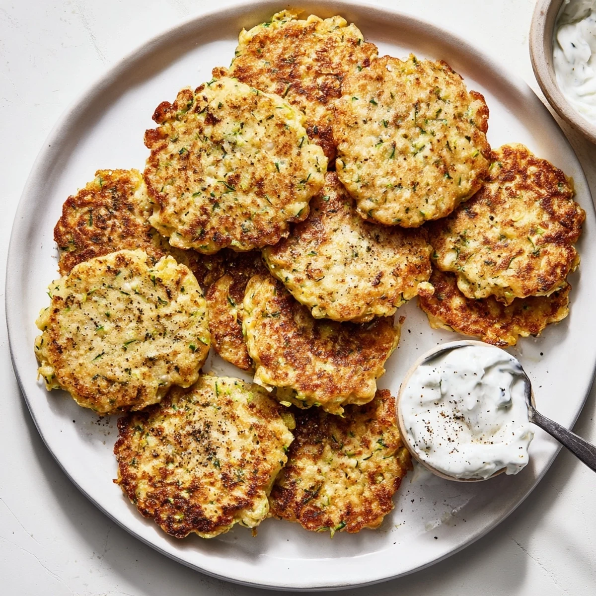 Homemade Chickpea Zucchini Fritters on a serving platter beside a creamy tzatziki dipping sauce.