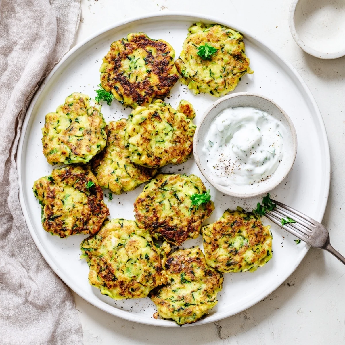 Delicate, herb-flecked Chickpea Zucchini Fritters stacked on a white plate with lemon wedges.