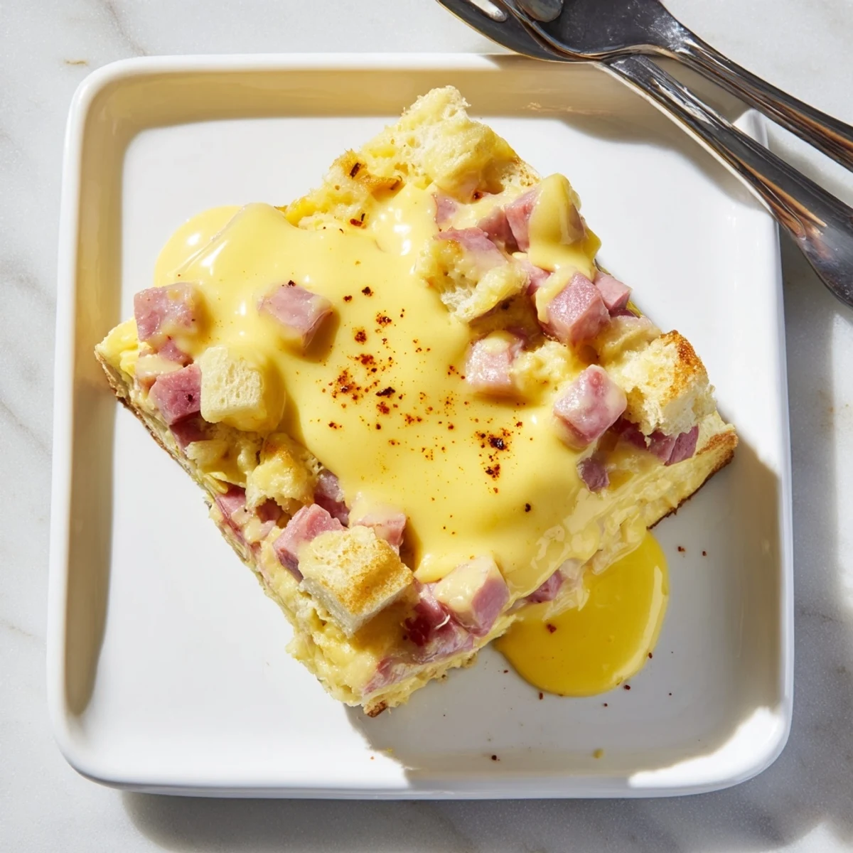 Golden-brown Eggs Benedict Casserole topped with silky hollandaise, served with fresh fruit and mimosas.
